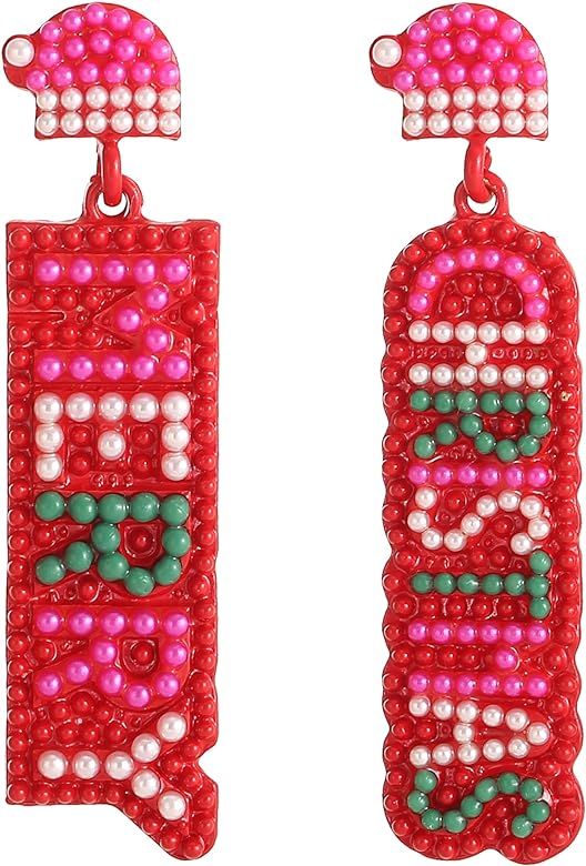 VANGETIMI Merry Christmas Earrings Xmas Beaded Dangle Earrings Fun Christmas Holiday Earrings for... | Amazon (US)