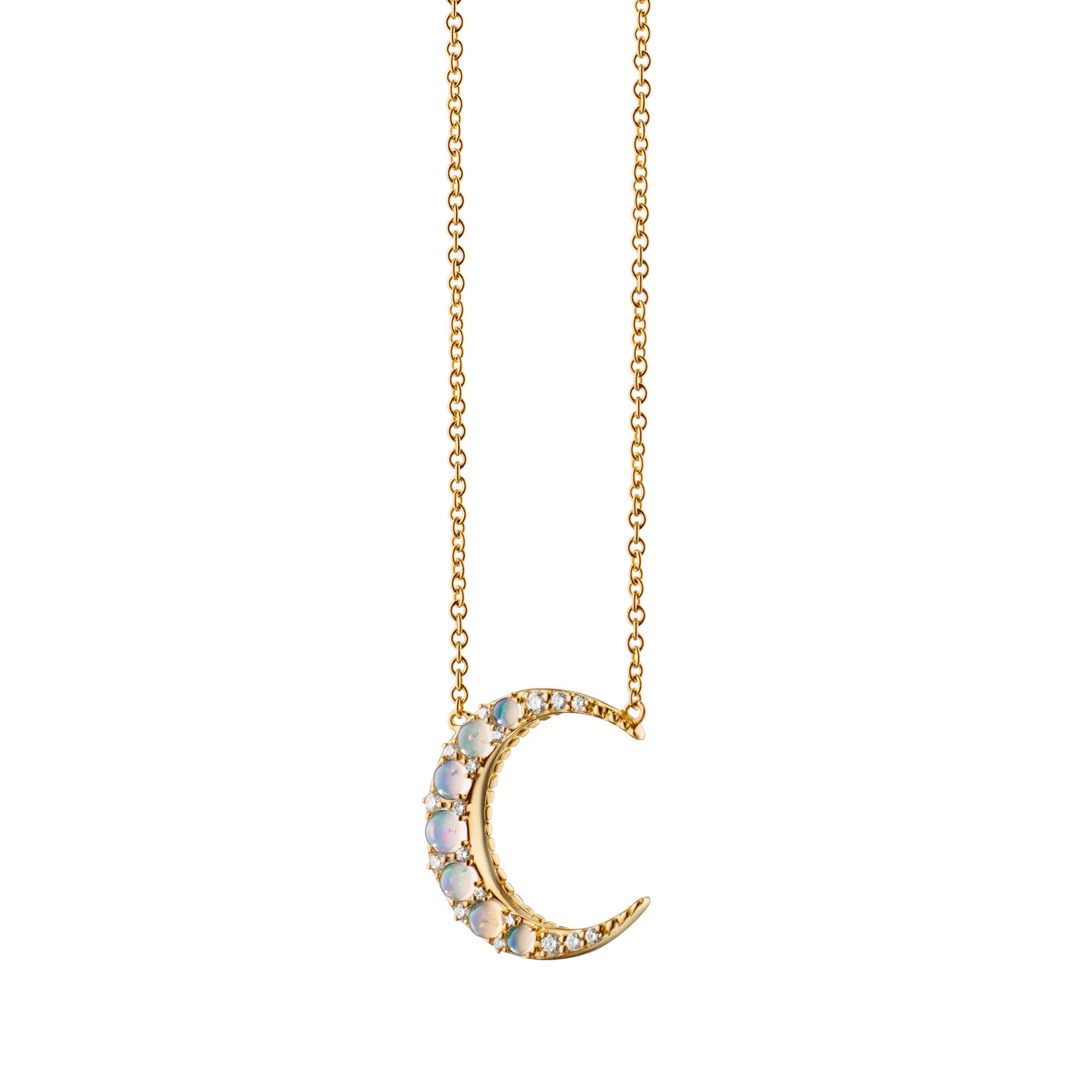 Water Opal Midi Crescent Moon Necklace with Diamonds | Monica Rich Kosann