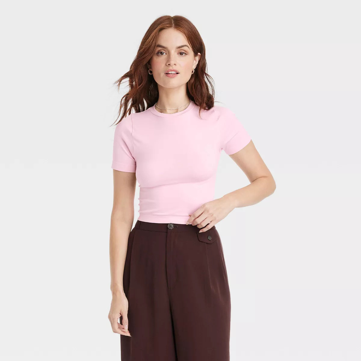 Women's Slim Fit Short Sleeve Seamless Baby T-Shirt - A New Day™ Pink M | Target