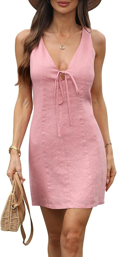 Women's 100% Linen Dress Sexy V Neck Tie Front Sleeveless Back Zipper 2026 Summer Mini Dresses | Amazon (US)