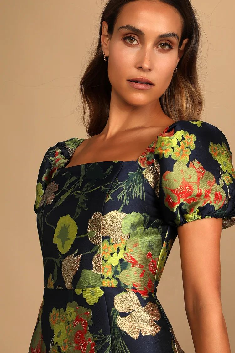 So Stunning Navy Blue Floral Jacquard Puff Sleeve Mini Dress | Lulus