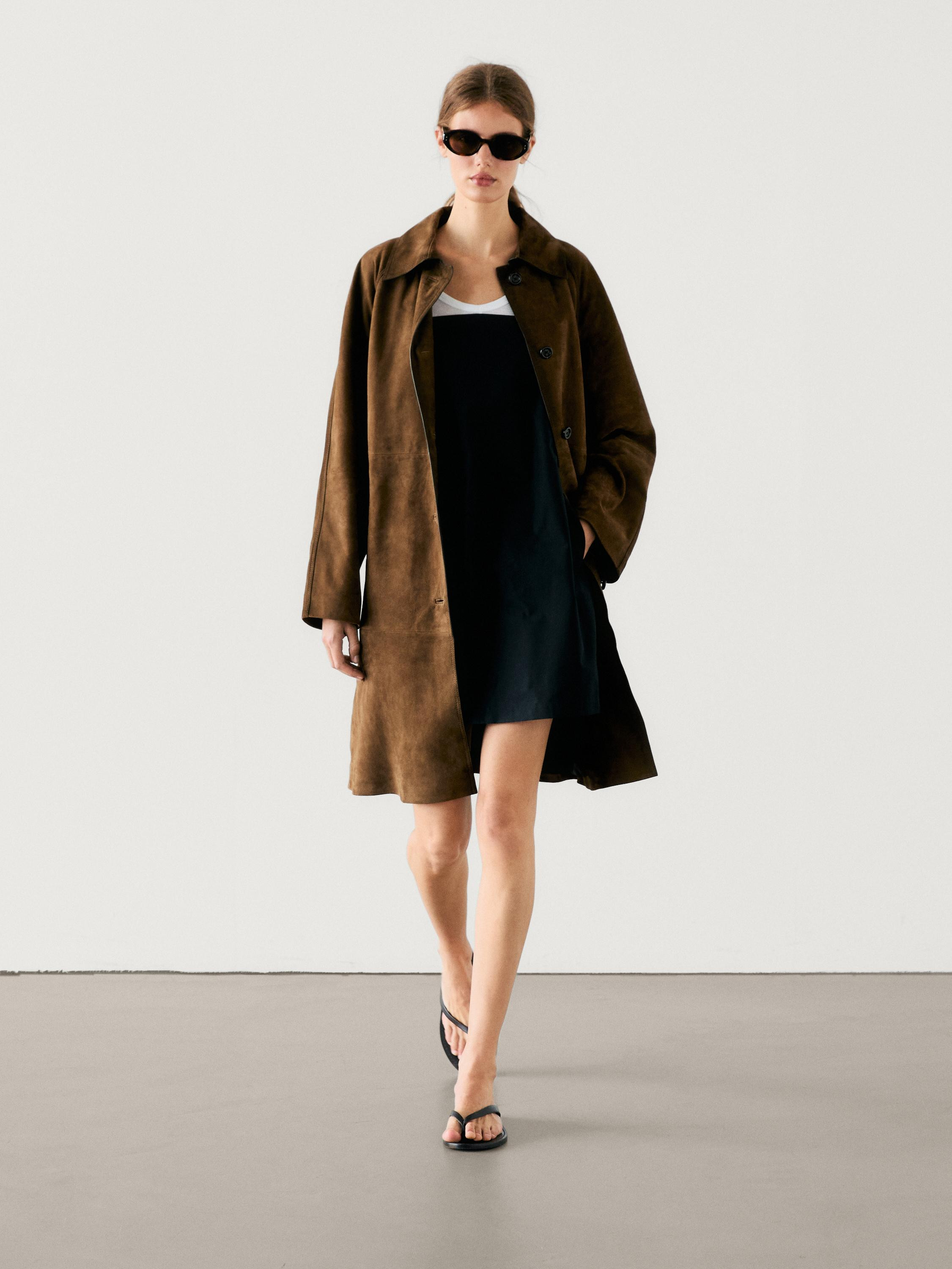 Suede leather trench coat  $699.00 Trench coat made of goatskin leather with suede finish. Lapel ... | Massimo Dutti US