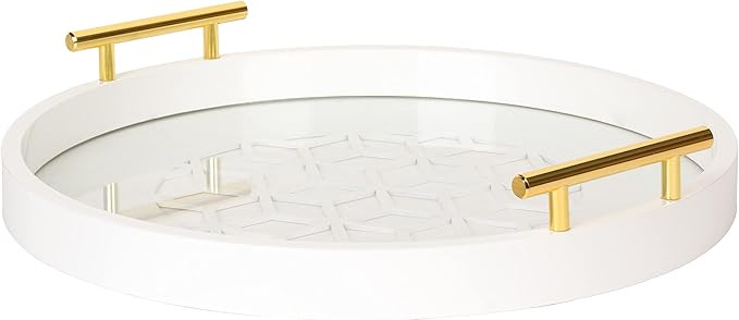 Kate and Laurel Caspen Round Cut Out Pattern Decorative Tray with Gold Metal Handles, White | Amazon (US)