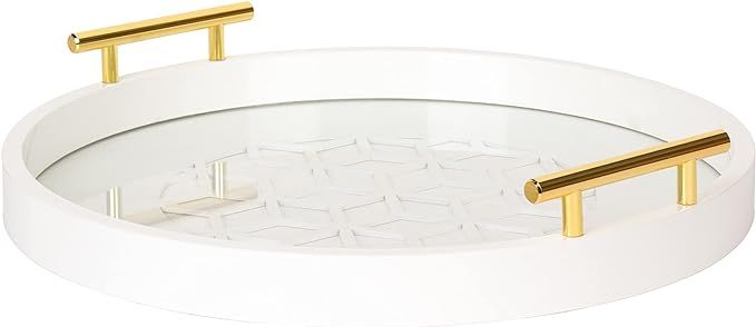 Kate and Laurel Caspen Round Cut Out Pattern Decorative Tray with Gold Metal Handles, White | Amazon (US)