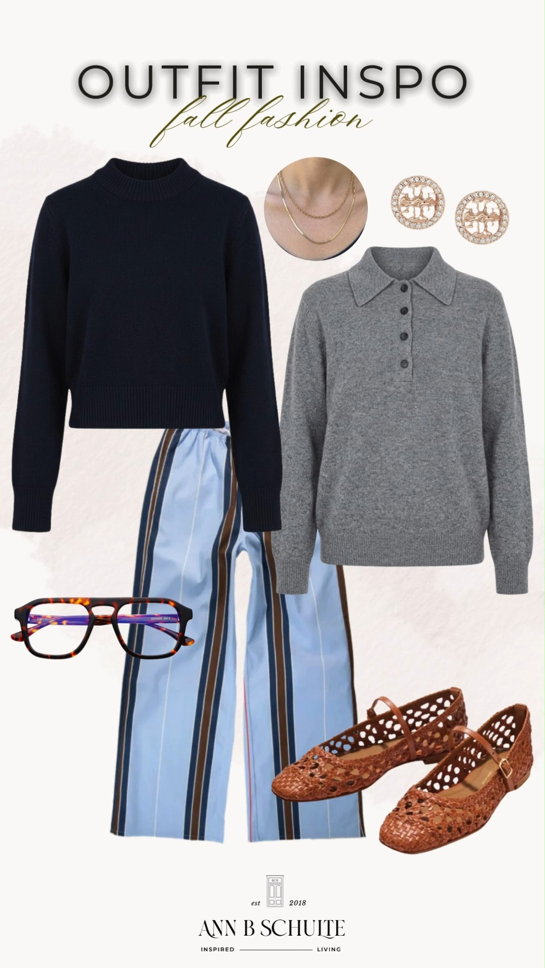 A classic fall outfit with a polished, timeless feel 🤎 Navy knits, a soft gray collared sweater, and striped trousers make the perfect foundation for effortless seasonal style. Add woven flats, layered gold jewelry, and a structured pair of glasses for those little details that make an outfit feel thoughtfully put together. This is the kind of fall fashion look that works for the office, weekend plans, and everything in between.

#FallFashion #ClassicFallStyle #FallOutfitInspo #WomensFashion #TimelessStyle #EverydayOutfits #KnitwearStyle #StripedPants #PreppyStyle #SeasonalStyle 

 #LTKootd