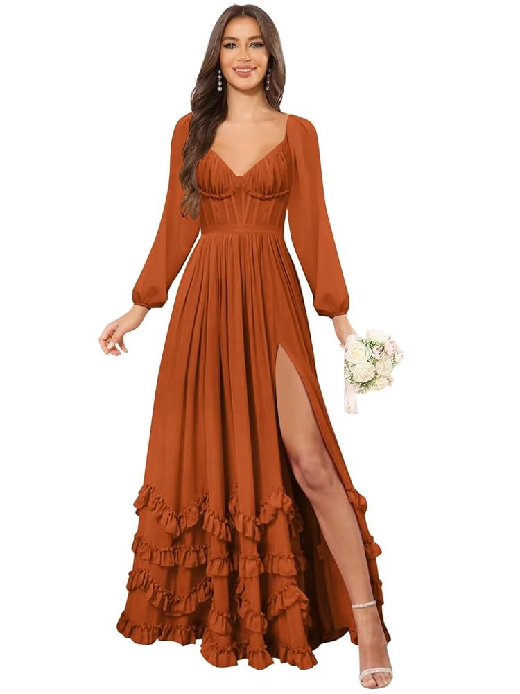 Women's Long Sleeve Bridesmaid Dresses for Wedding with Slit Ruffle Chiffon Formal Evening Party ... | Amazon (US)