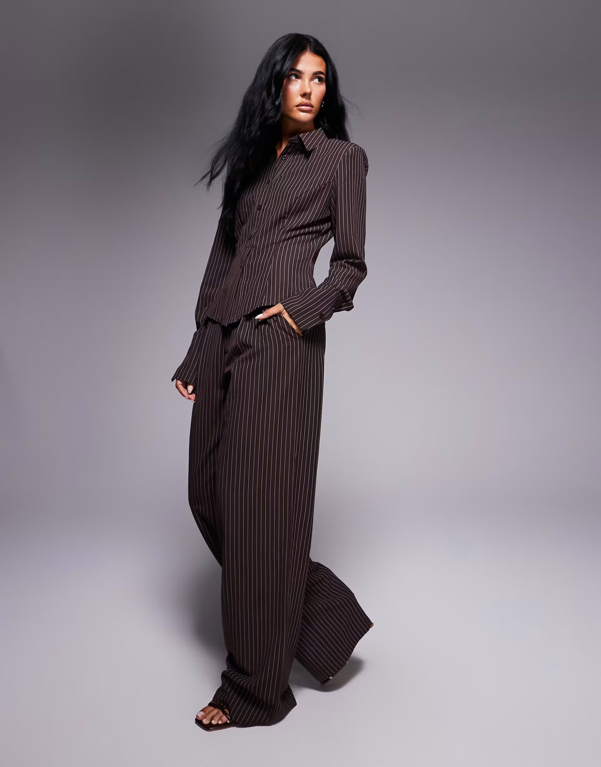 Kaiia exclusive straight leg tailored pants in brown pinstripe - part of a set | ASOS (Global)