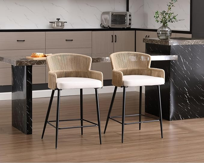 26 Inch Modern Farmhouse Woven Rope Bar Stools Set of 2, Linen Upholstered Tall Barstools with Ra... | Amazon (US)