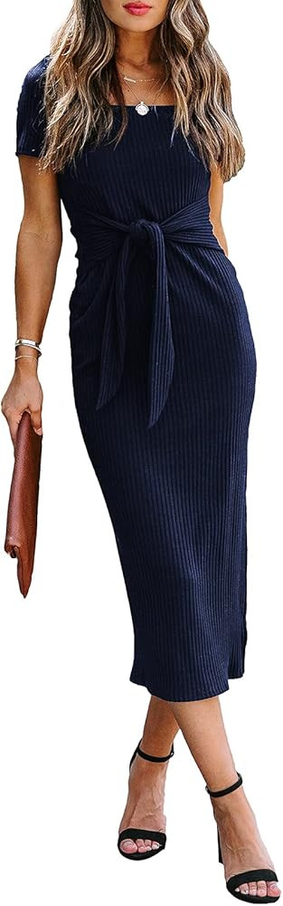 Dokotoo Women's Casual Elegant Scoop Neck Short Sleeve Bodycon Tie Waist Cocktail Dress | Amazon (US)