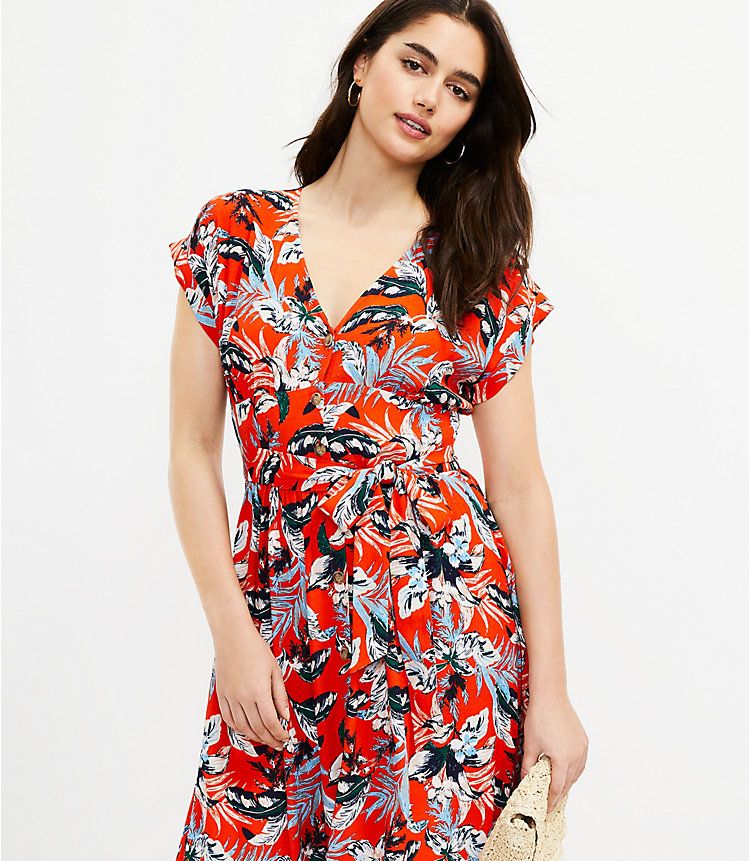 Botanical Button Tie Waist Midi Dress | LOFT | LOFT