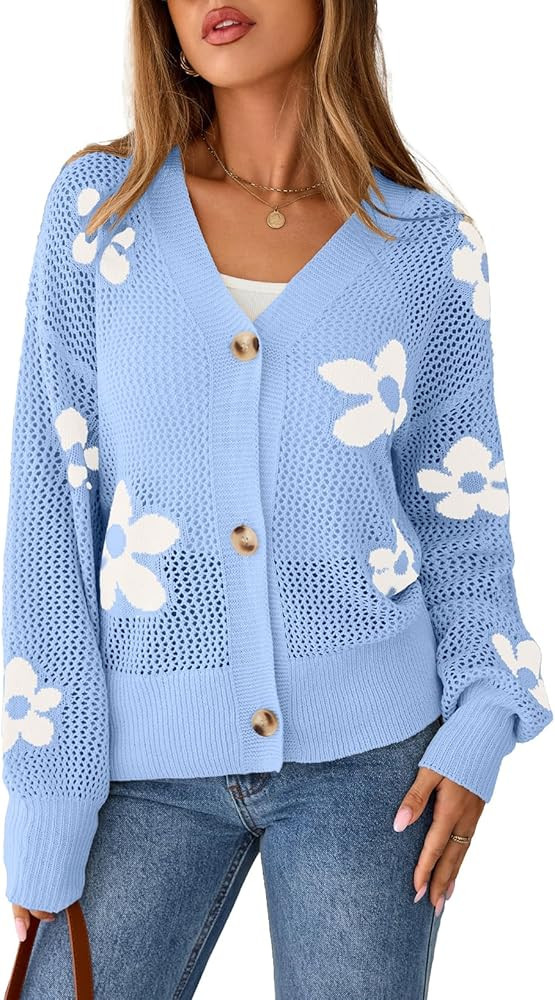 Sidefeel Cardigan for Women Crochet Knit Button See Through Lightweight Long Sleeve Sweater Tops | Amazon (US)