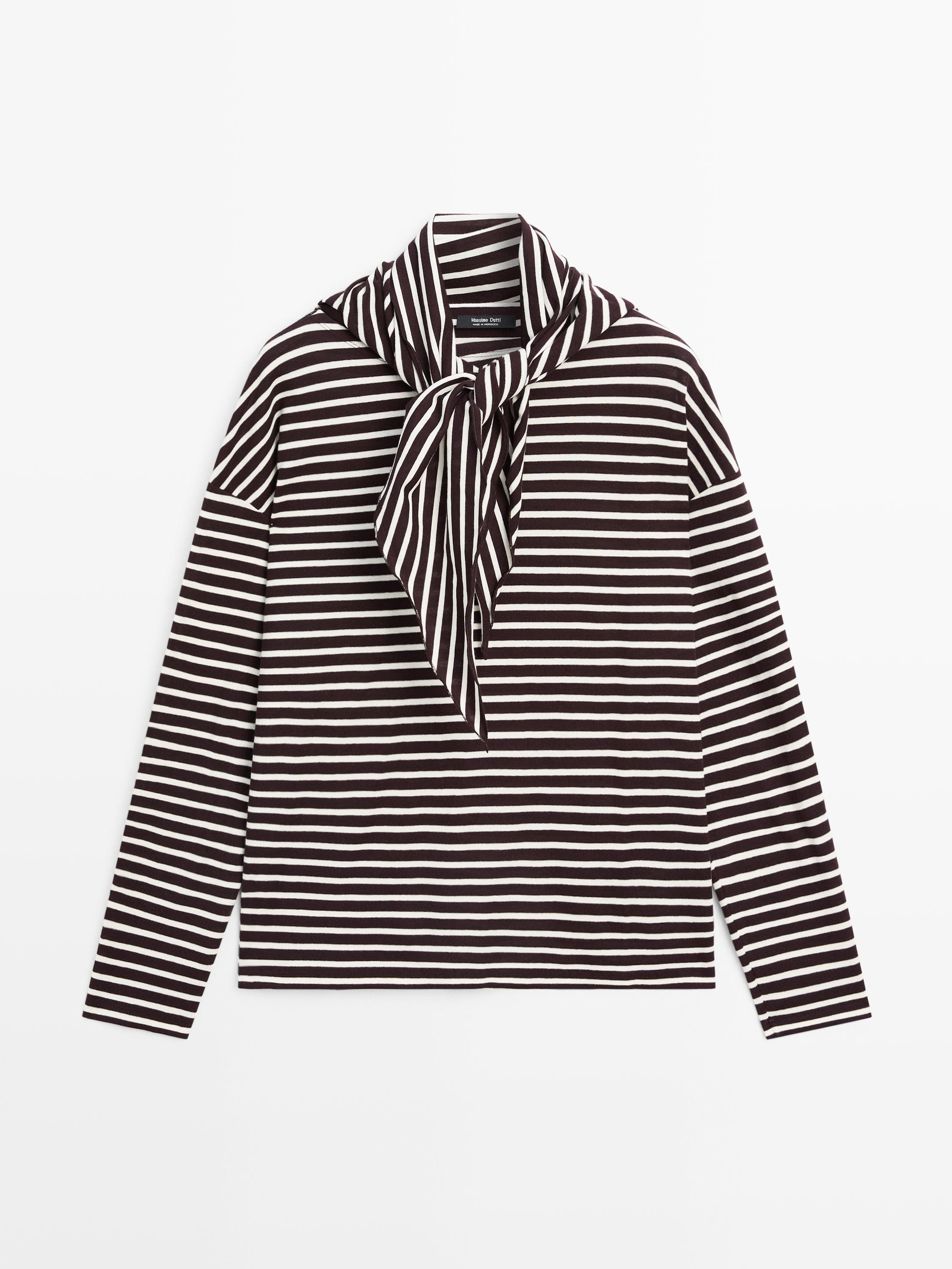 Cotton blend striped T-shirt with scarf detail | Massimo Dutti UK