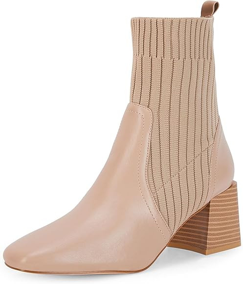 Womens Chelsea Boot Square Toe Stacked Chunky Heel Slip On High Top Elastic Block Heel Dress Sock Bo | Amazon (US)