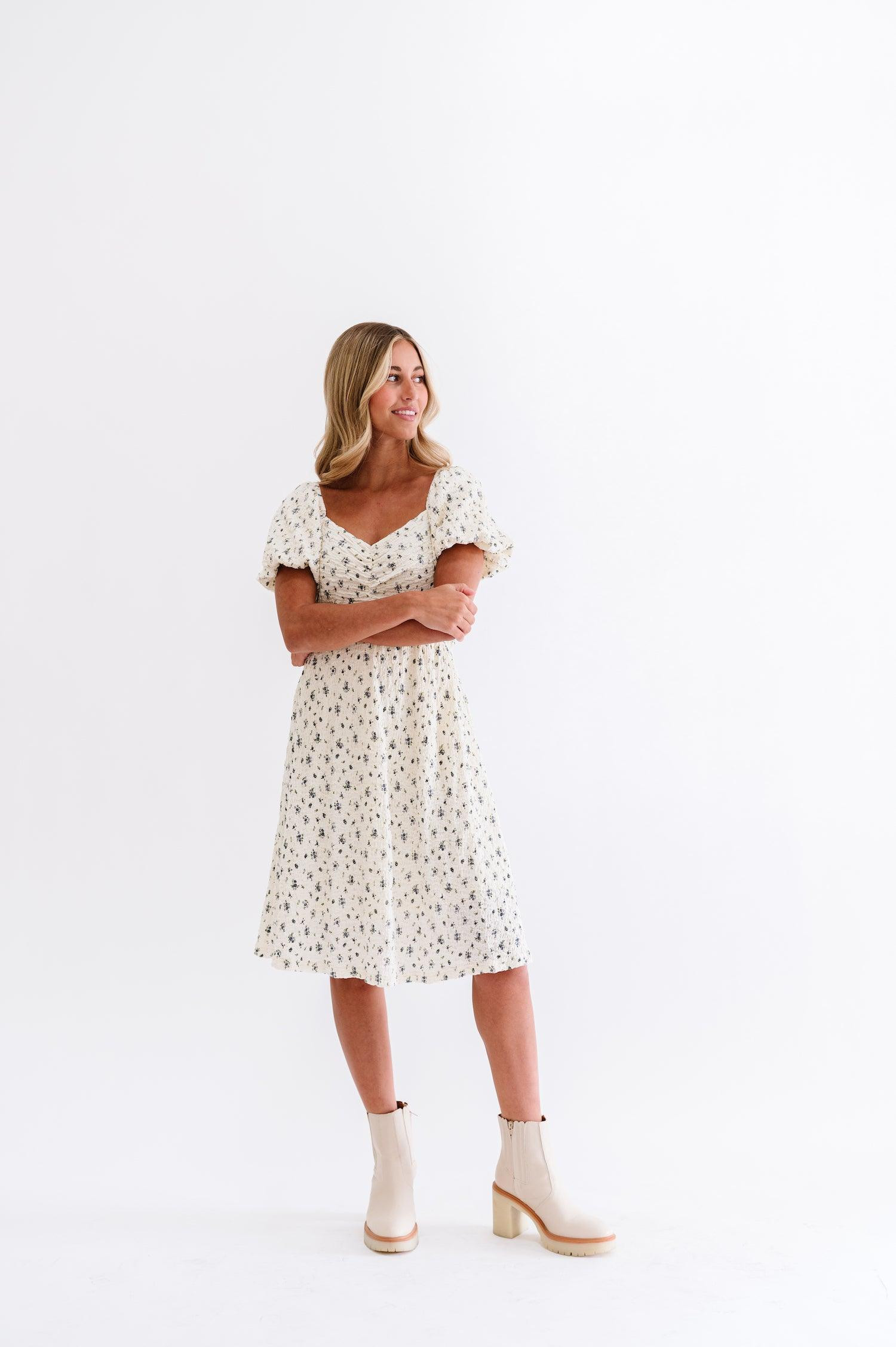 Ivory and Blue Floral Dress | FEHRNVI