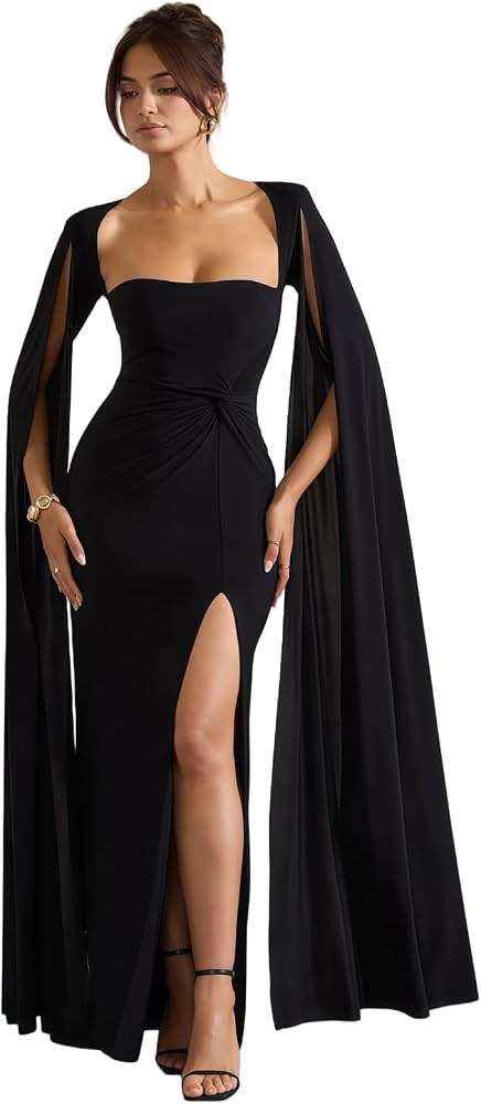 JUMISEE Women’s Flowy Cloak Sleeve Wedding Guest Dress Sexy Ruched High Slit Maxi Dress Formal ... | Amazon (US)