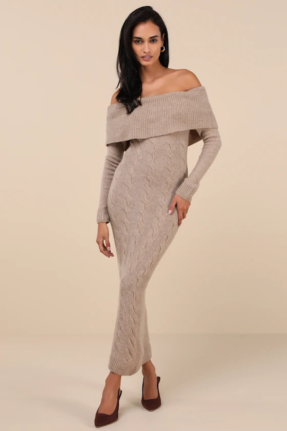 Cozy Excellence Heather Beige Off-the-Shoulder Sweater Dress | Lulus