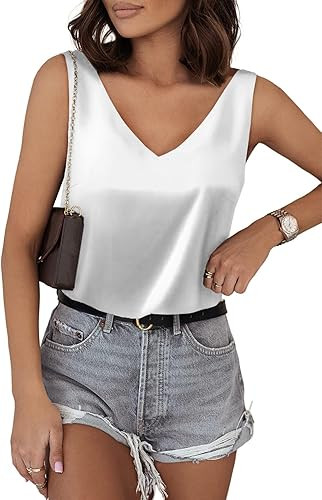 BLENCOT Tank Tops for Women V Neck Silk Summer Satin Sleeveless Blouses 2024 Basic Camisole Shirt... | Amazon (US)