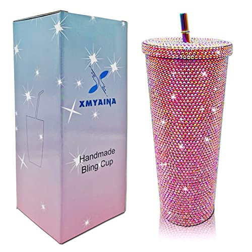 XMYAINA 26oz Bling Cup Diamond Studded Tumbler Glitter Water Bottle with Lid and Straws Stainless Steel Vacuum Insulated Coffee Ice Cup Gift for Women(Light Rose) | Amazon (US)