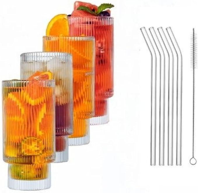 N-FUL Ribbed Drinking Glasses, Ribbed Glass Cups 11 oz Set of 4, Vintage Glassware Nomad Iced Tum... | Amazon (US)