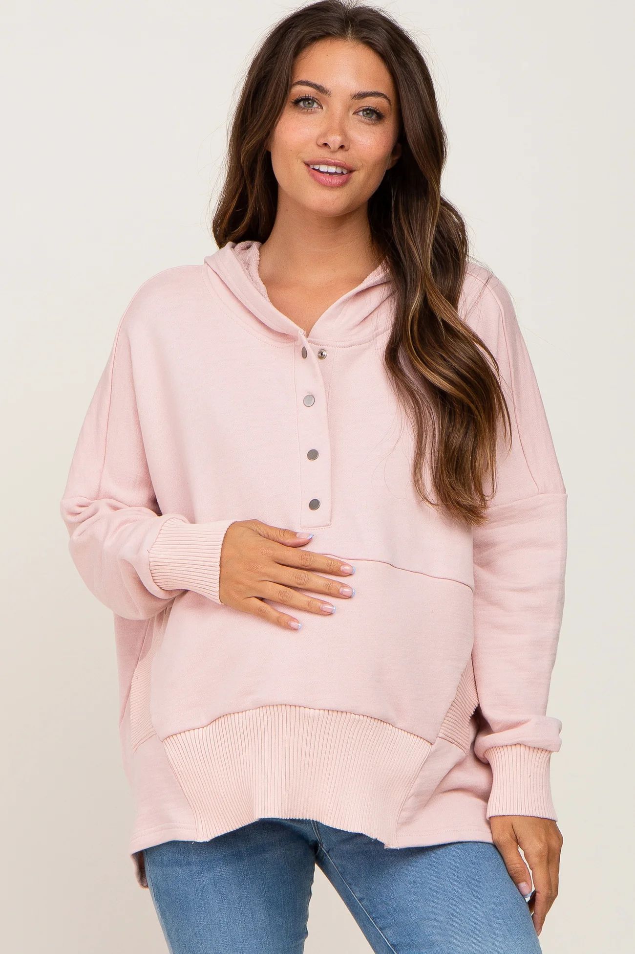 Light Pink Button Front Ribbed Trim Hooded Maternity Sweatshirt | PinkBlush Maternity