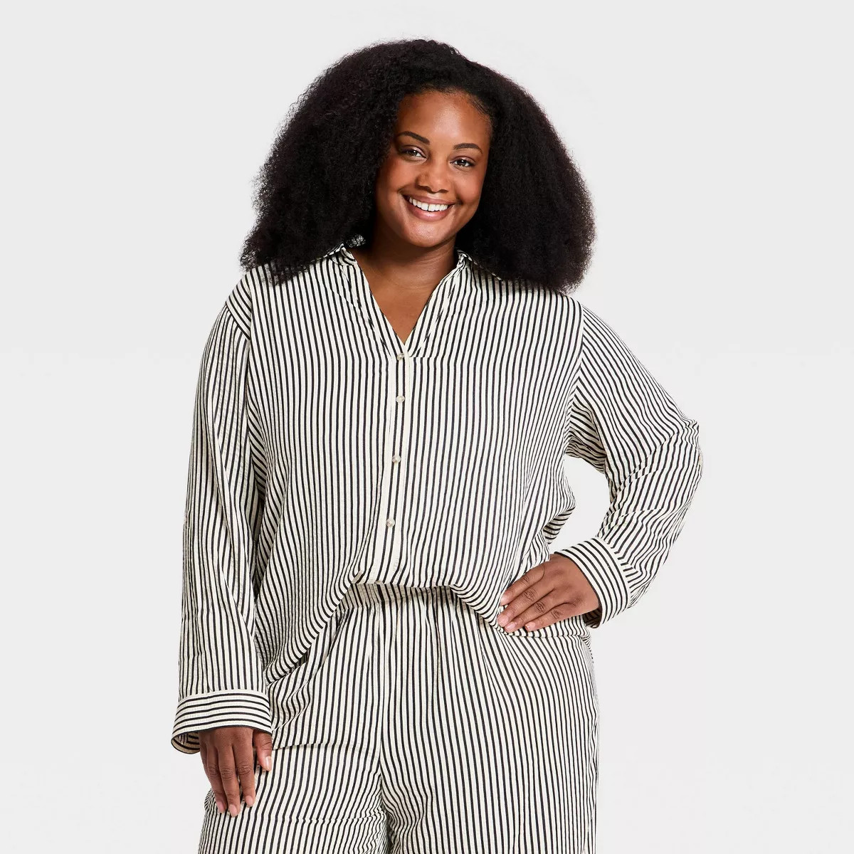 Women's Long Sleeve Collared Button-Down Shirt - Ava & Viv™ Cream/Black Striped XXL | Target