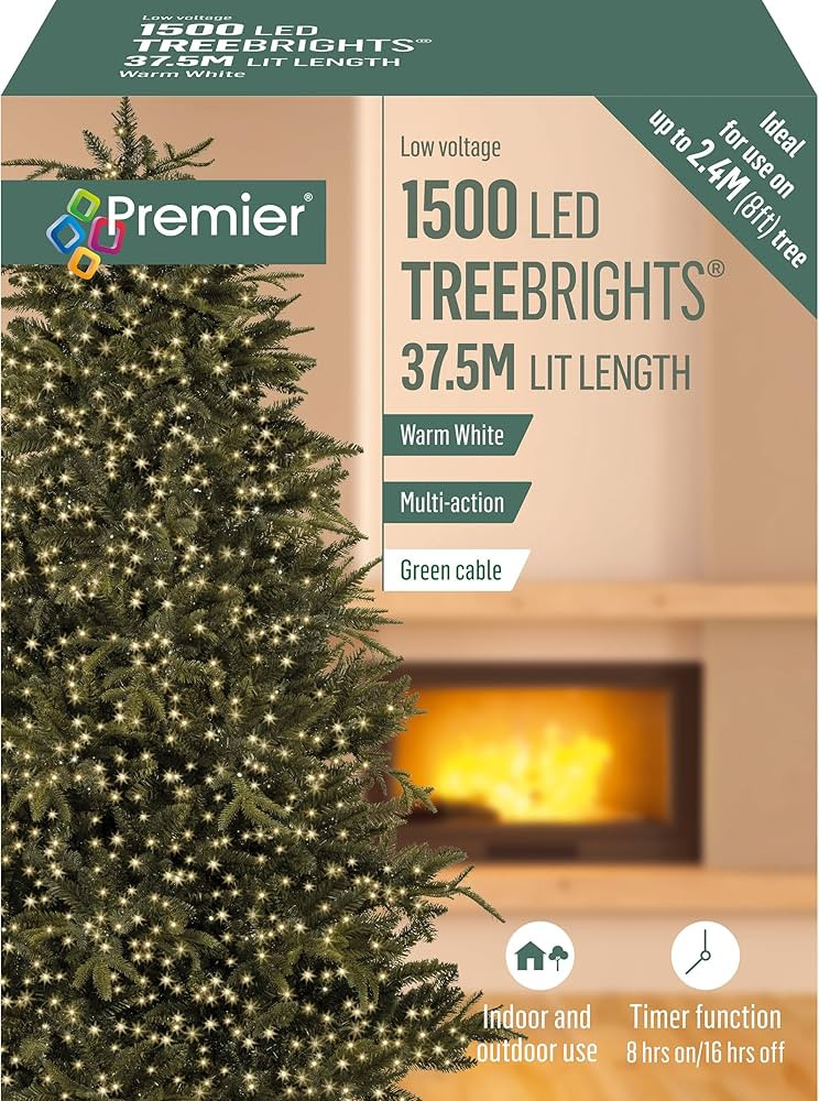 Premier 1500 LED Warm White Tree Lights, 37.5M Length, Multi-Action, Green Cable, 8 Hours On/16 H... | Amazon (UK)