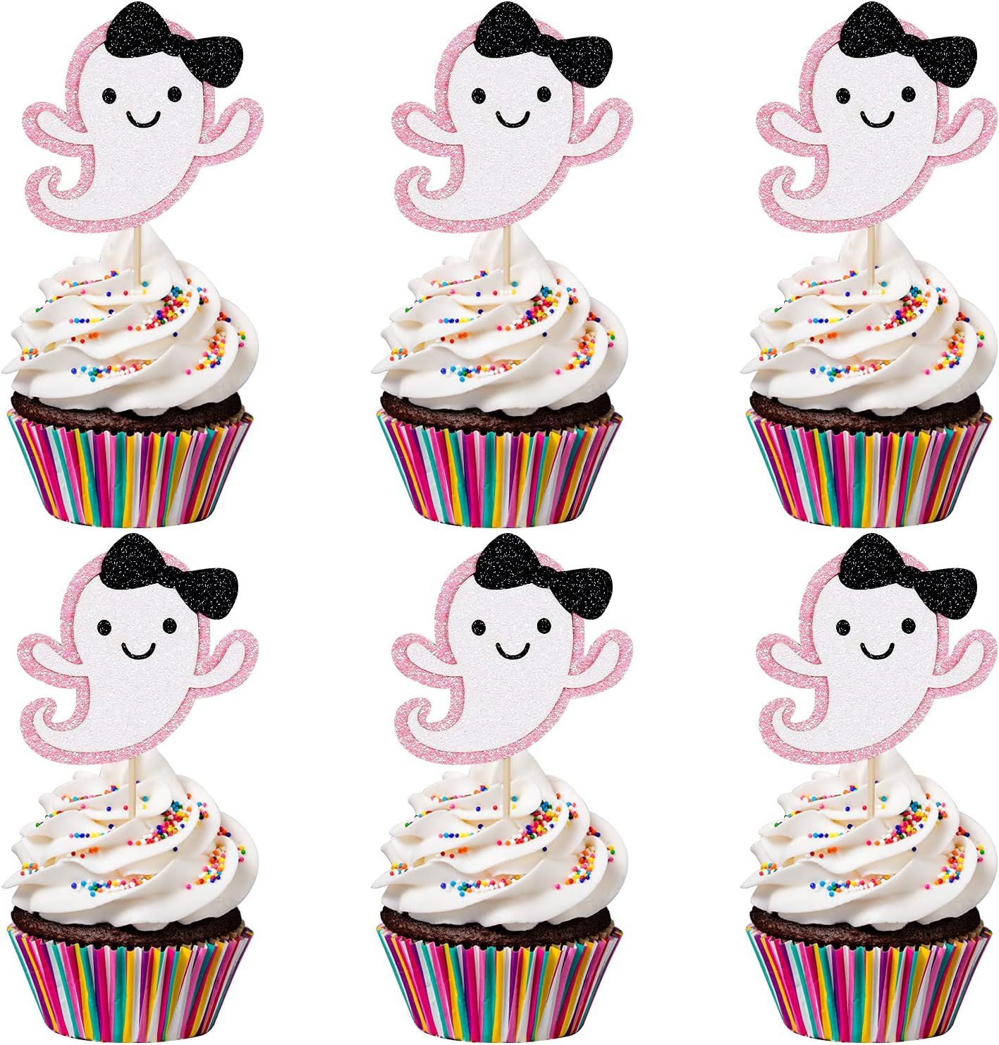 24Pcs Ghost Cupcake Toppers- Pink Halloween,Pink and Black Halloween Birthday Decorations,Pink Ha... | Amazon (US)