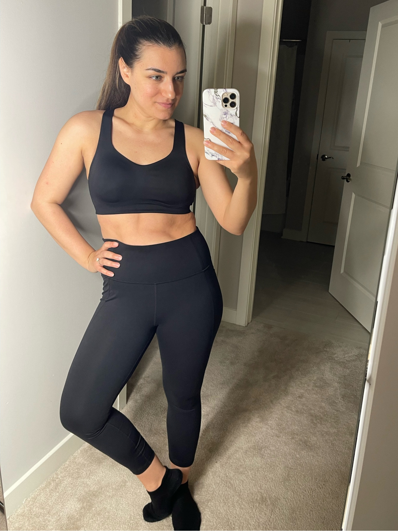 I’m 5’4” and weigh in the low 140’s. Wearing leggings in a small and bra in my usual size! 

#LTKunder50 #LTKcurves #LTKfit