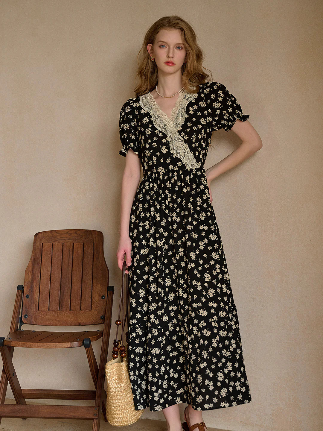Lilith Ruffle V-Neck Lace Floral Dress | SimpleRetro