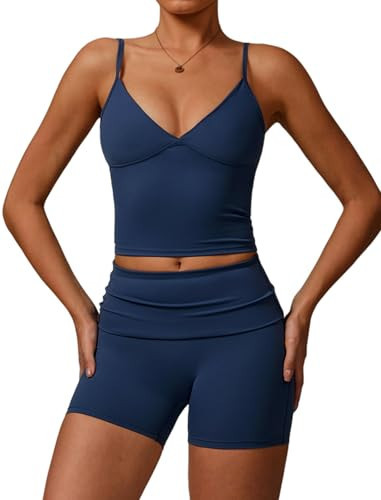 Two Piece Workout Sets For Women Spaghetti Straps V Neck Back Tank Top Matching High Waist Booty Lifting Biker Shorts 2 Piece Gym Yoga Active Wear Outfit Women Athletic Work Out Clothes Dark Blue S | Amazon (US)
