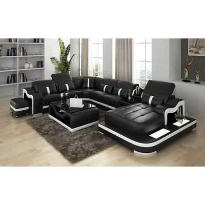 Arunvir Aphra 168" Wide Leather Match Corner Sectional with Ottoman | Wayfair North America