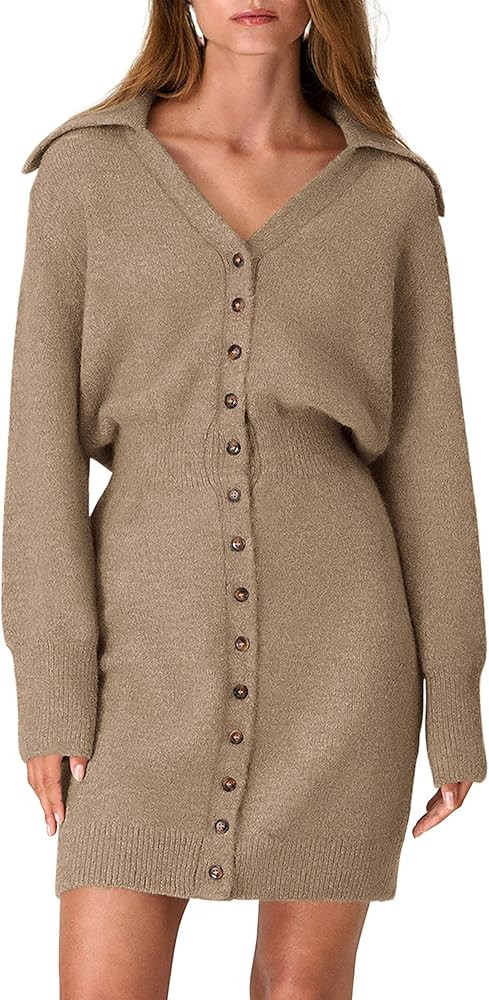 PRETTYGARDEN Sweater Dresses for Women 2024 Trendy Long Sleeve Button Down Short Fall Dress | Amazon (US)