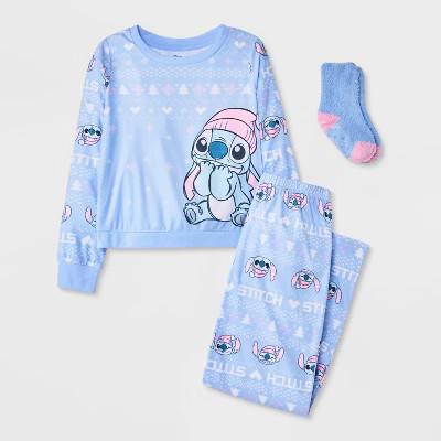 Girls' 2pc Lilo & Stitch Holiday Cozy Pajama Set with Socks - Blue XS | Target