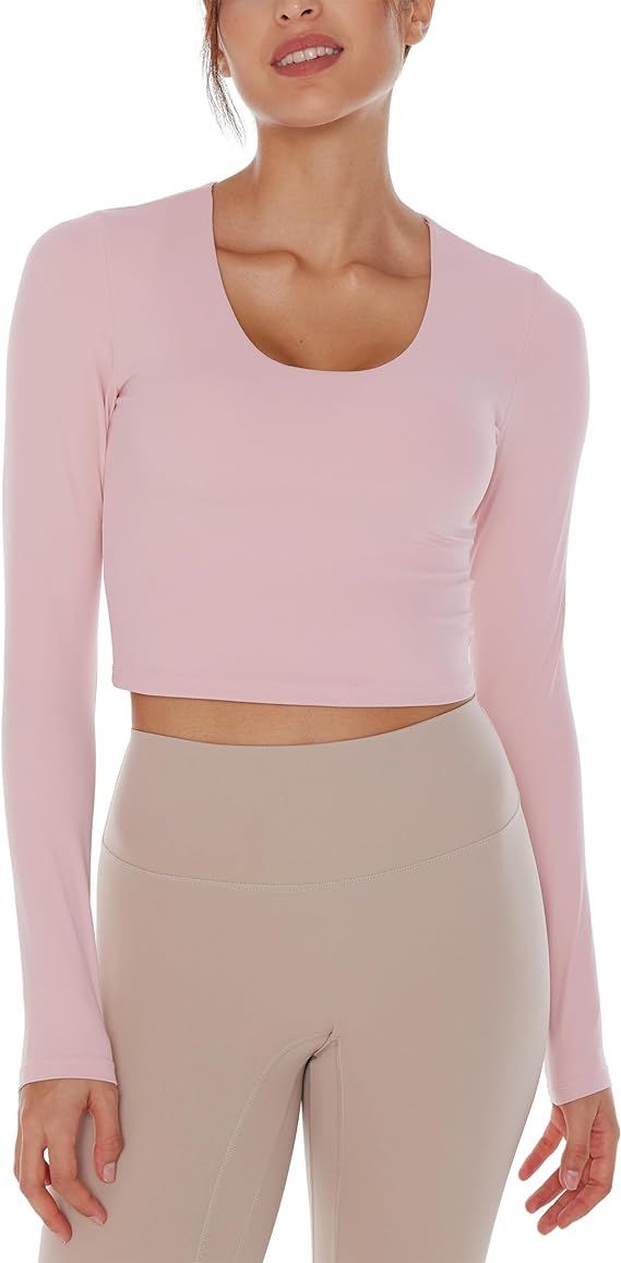 Womens Long Sleeve Shirts Workout Crop Tops Yoga Tee Built in Bra Mild Support Cream Feeling Athl... | Amazon (US)