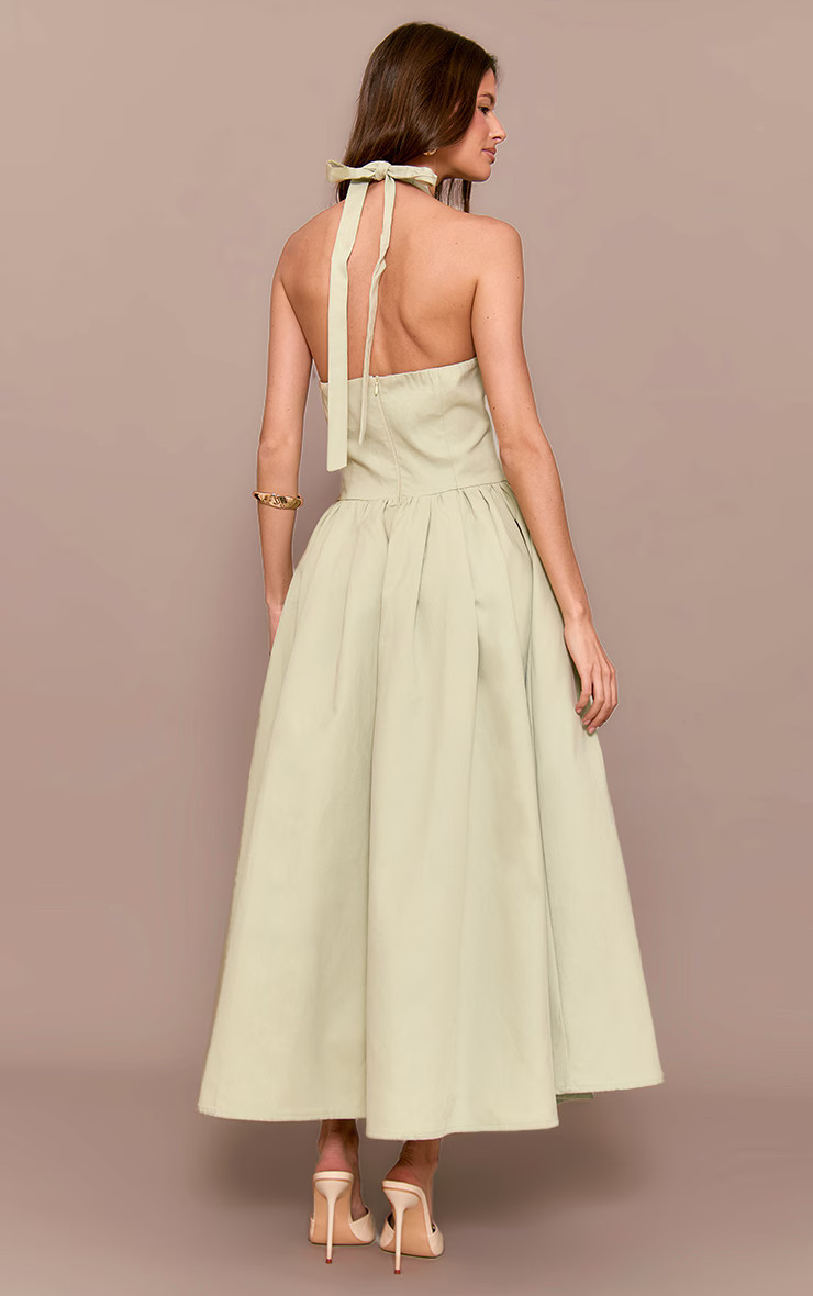 Sage Green Halterneck Tie Detail Ruched Midaxi Dress | PrettyLittleThing US