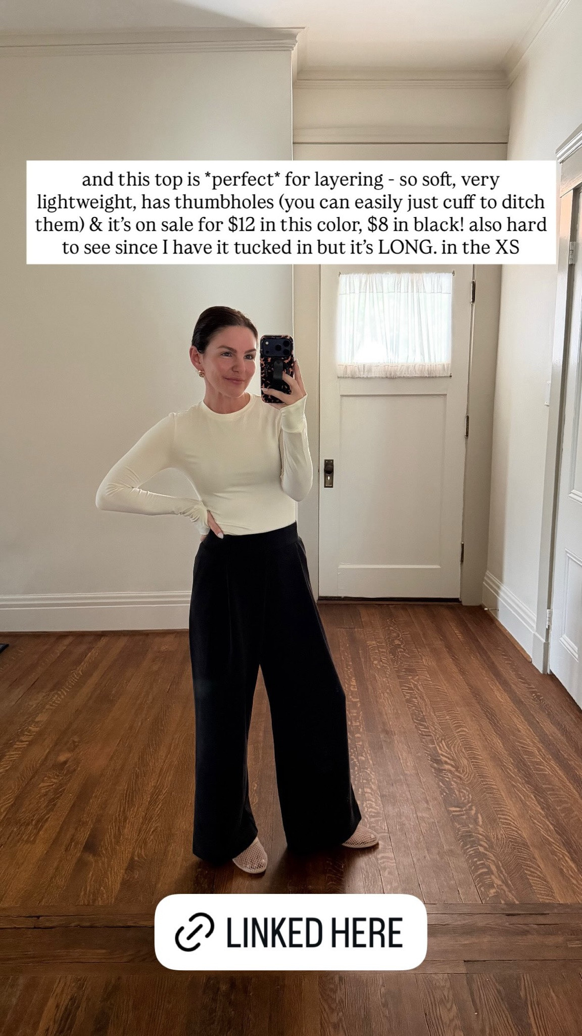 this top is *perfect* for layering - so soft, very lightweight, has thumbholes (you can easily just cuff to ditch them) & it's on sale for $12 in this color, $8 in black! also hard to see since I have it tucked in but it's LONG. in the XS

#LTKootd #LTKPetite #LTKgrwm
