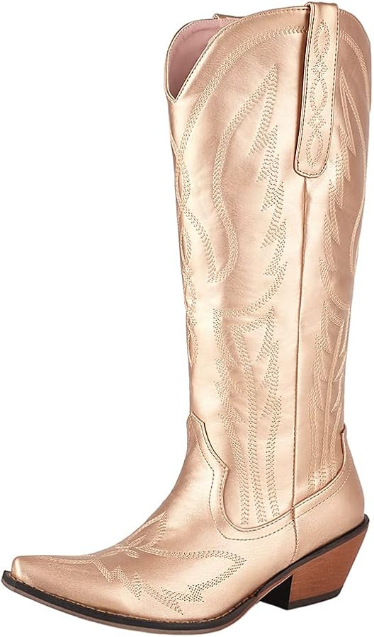 Metallic Cowboy Boots for Women Embroidered Western Boots Pointed Toe Low Chunky Heel Pull On Cow... | Amazon (UK)