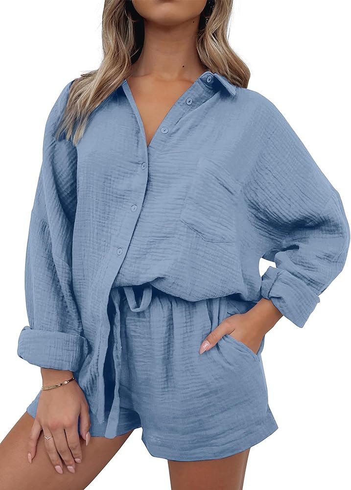 ANRABESS 2 Piece Outfits For Women Linen Sets Long Sleeve Button Down Oversized Shirts Lounge Mat... | Amazon (US)