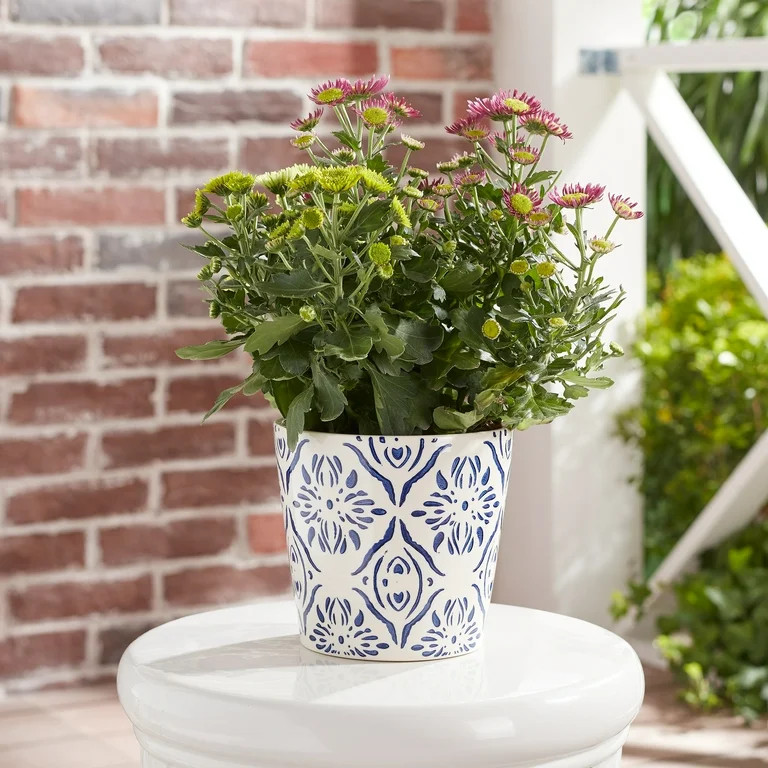 Mainstays 6" x 6" x 5.5" Round Blue Ceramic Medallion Plant Planter | Walmart (US)