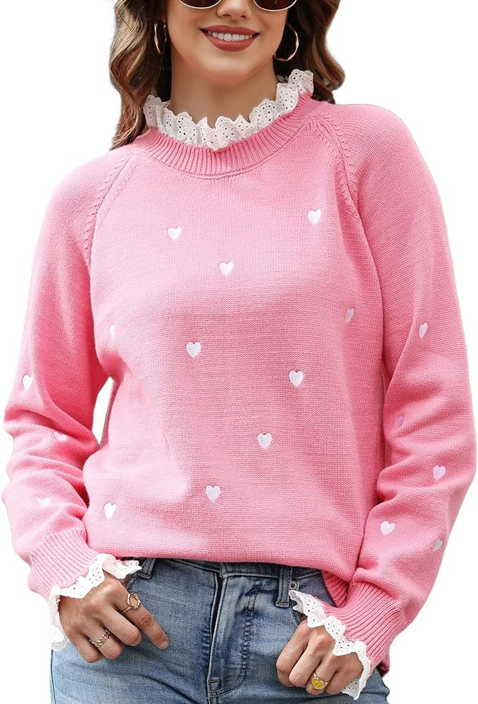 Heart Lace Sweater for Women Cute Fall Pullover Trendy Valentine Sweaters Long Sleeve Casual Knit... | Amazon (US)