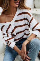 Vivi Caramel Striped Contrast Color V-neck Sweater | Goodnight Macaroon