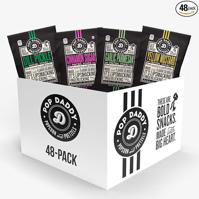 Pop Daddy Flavored Pretzel Sticks, Healthy Gourmet Pretzels Snack Packs, 1.5oz Variety Pack, 48 P... | Amazon (US)