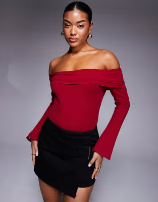 Princess Polly fold detail bardot long sleeve body in burgundy | ASOS (Global)