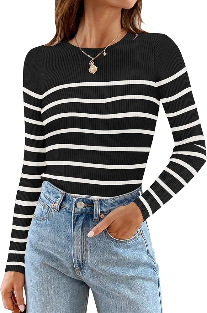 ZESICA Women's Long Sleeve Crewneck Striped Shirts Spring Ribbed Knit Sweater Slim Fitted Casual ... | Amazon (US)
