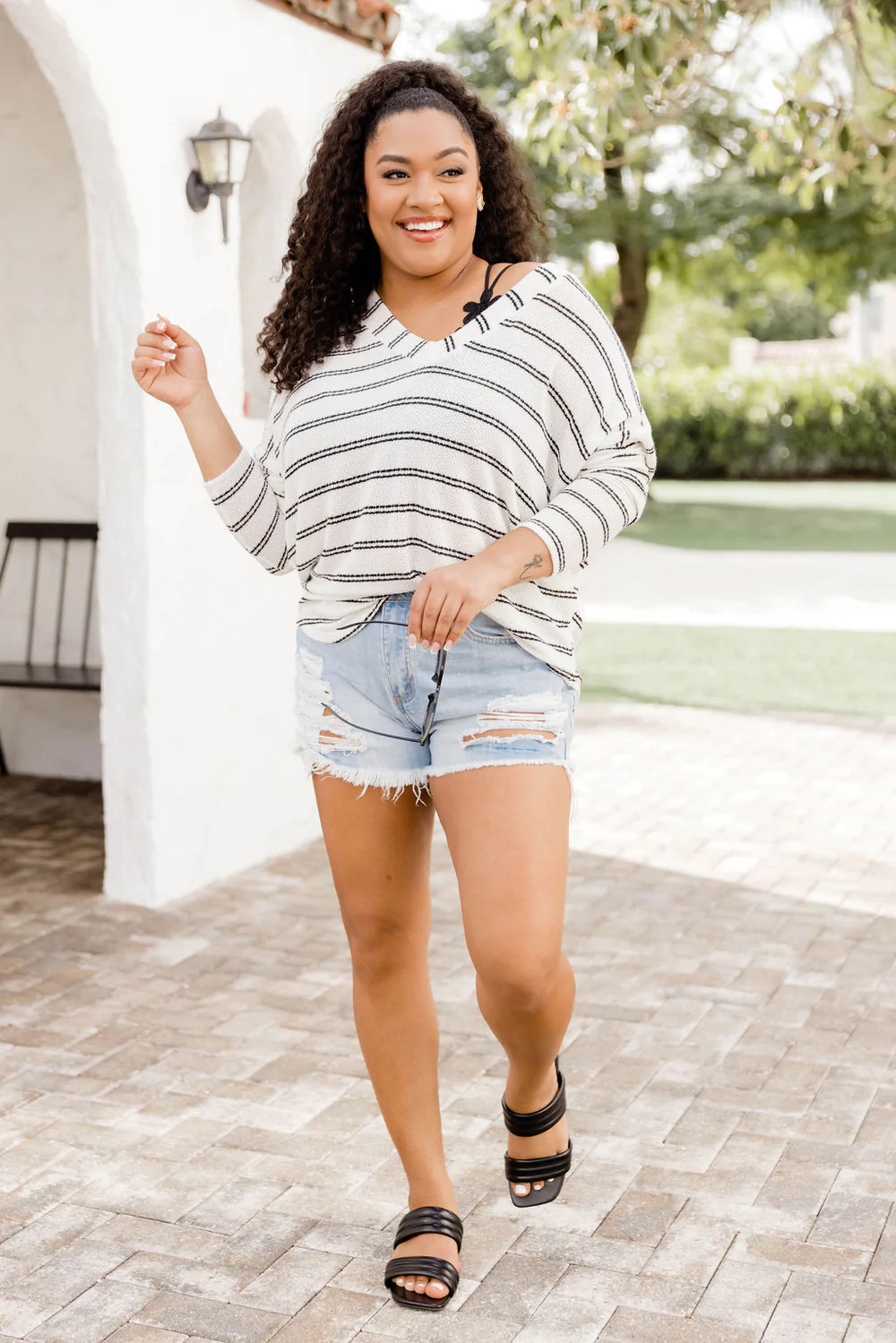Kicking Back Ivory and Black Striped V-Neck Sweater | Pink Lily