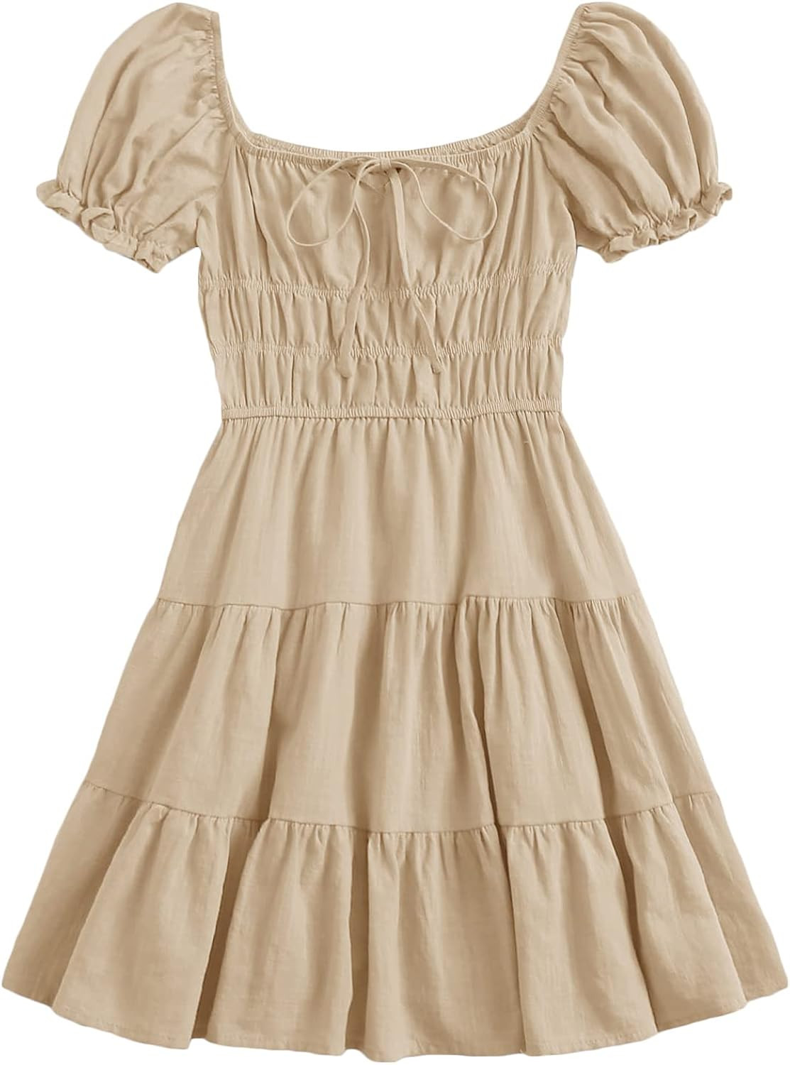 SheIn Women's Short Puff Sleeve Ruched Mini A Line Dress Ruffle Tie Front Square Neck Short Dresses | Amazon (US)
