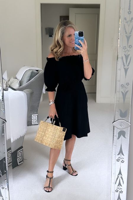 Beautiful off the shoulder, black silk dress with self belt tie. Lightweight and perfect for spring and summer. The perfect dress for travel to dress up or dress down from Mersea and the Voyageur collection. 
That’s true to size. I am 5’2” tall and wearing XS. This dress is a must have!

#LTKover40 #LTKstyletip #LTKSeasonal