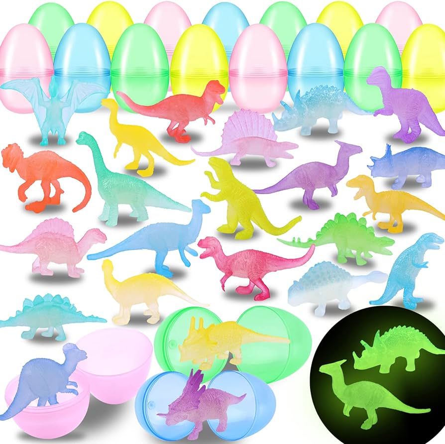 YUJUN 28PCS Easter Eggs Prefilled with Glow in Dark Dinosaur Figure Toys Mini Plastic Dinosaur To... | Amazon (US)