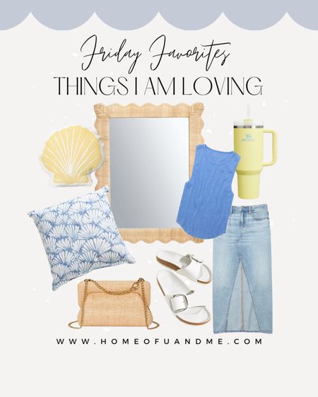 Friday Favorites 🍋 🐚🤍 Yellow is trending and I’m here for it! I love a cute Jean skirt, of course my favorite Birkenstock sandals. This purse is also one of my favorite recent purchases, scalloped mirror yes please! Outdoor blue 🐚 pillow and a fun yellow shell pillow I bought for the kids bunk room. #coastalstyle #coastalhome #beachhouse #mystyle #homedecor #ootd #scallops #shell 

#LTKstyletip #LTKsalealert #LTKhome