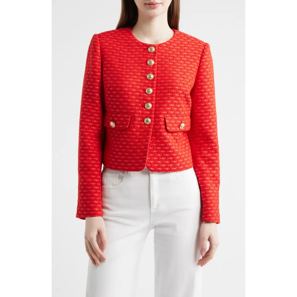 Elie Tahari The Marlena Metallic Tweed Jacket in Poppy Glow Tweed at Nordstrom, Size Small | Nordstrom